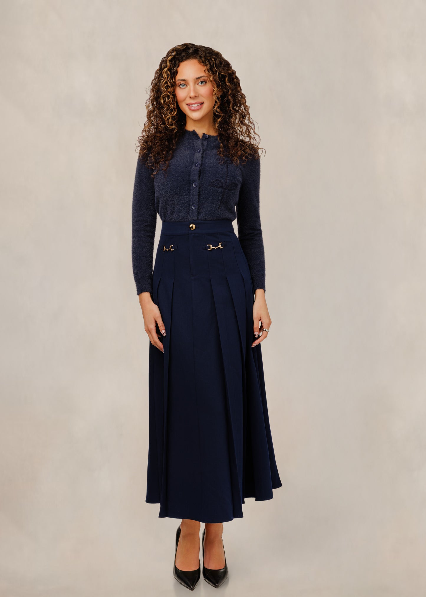 Navy Blue Skirt With Gold Chain Accents