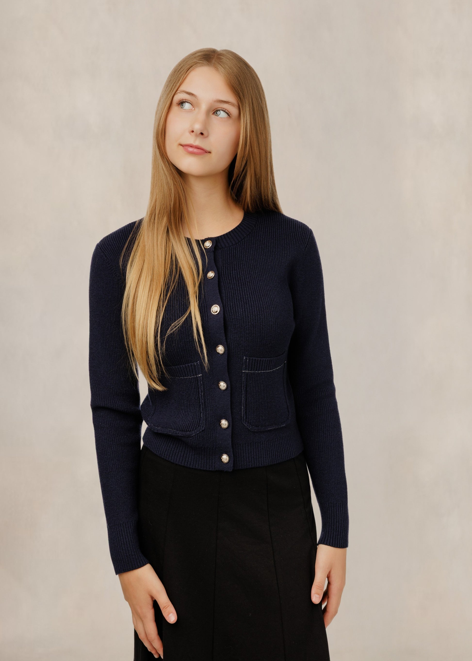 Navy Rib-Knit Cardigan W/ Metallic Buttons