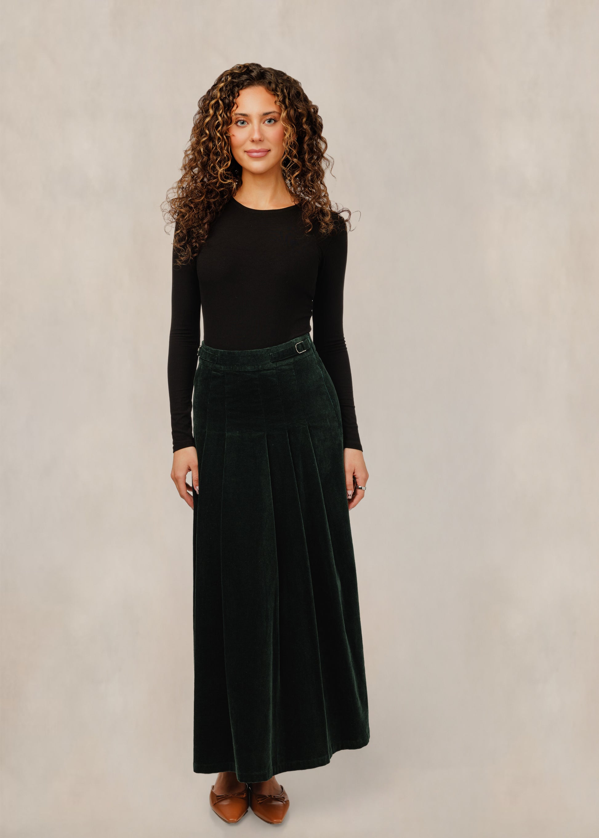 Green Corduroy Pleated Skirt W/ Buckles