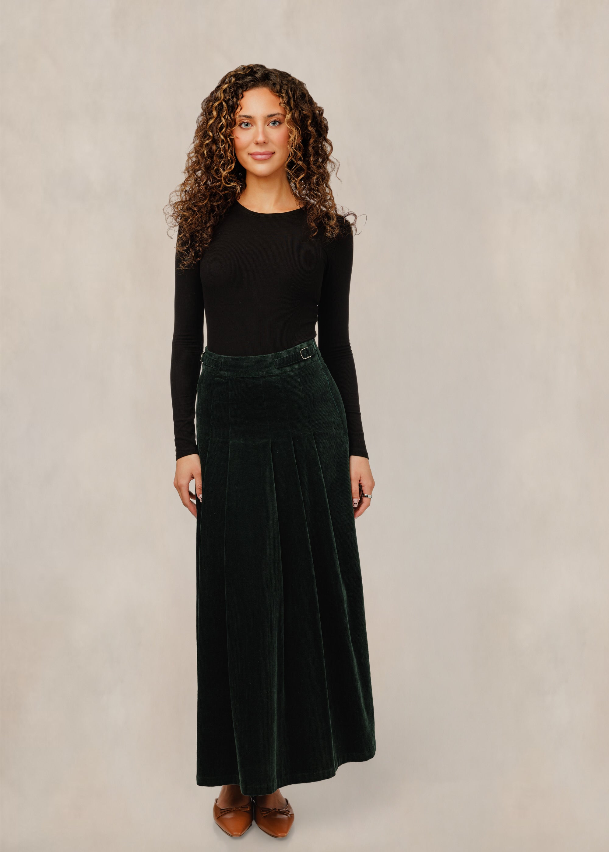 Green Corduroy Pleated Skirt W/ Buckles