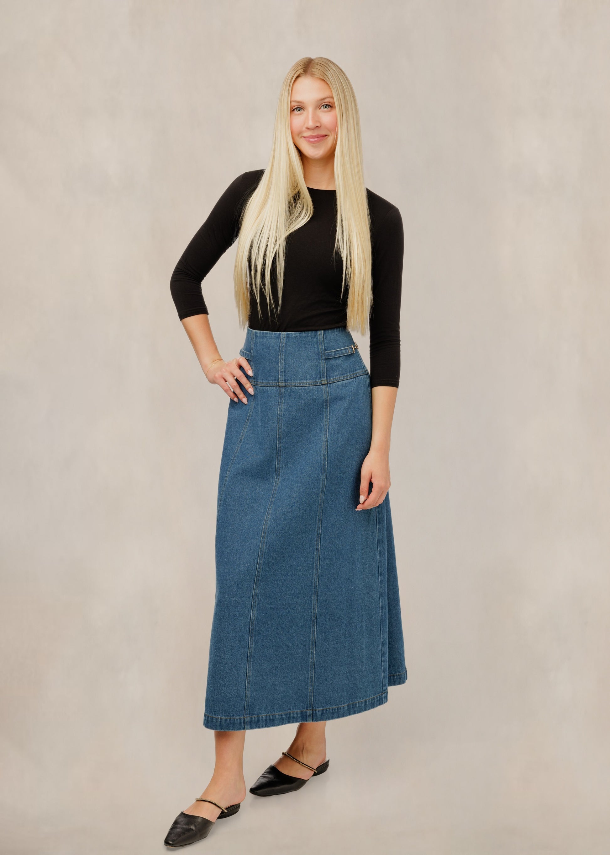 Horsebit Detail Denim Skirt - Light Blue