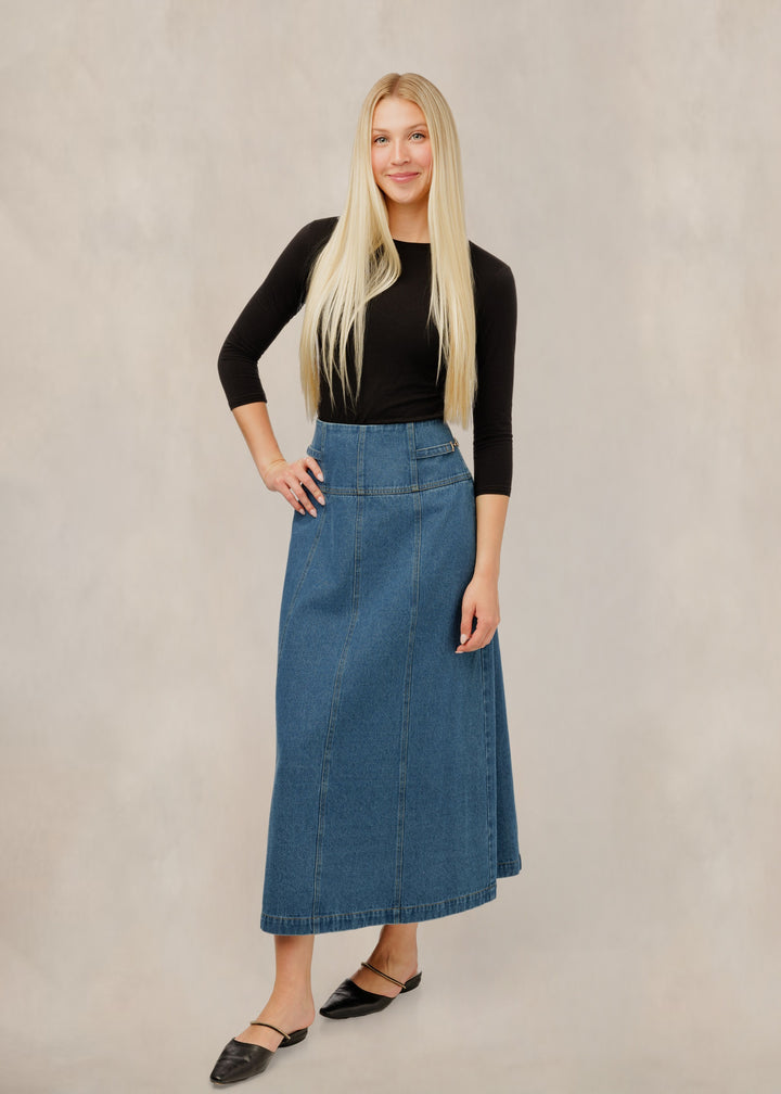 Horsebit Detail Denim Skirt - Light Blue