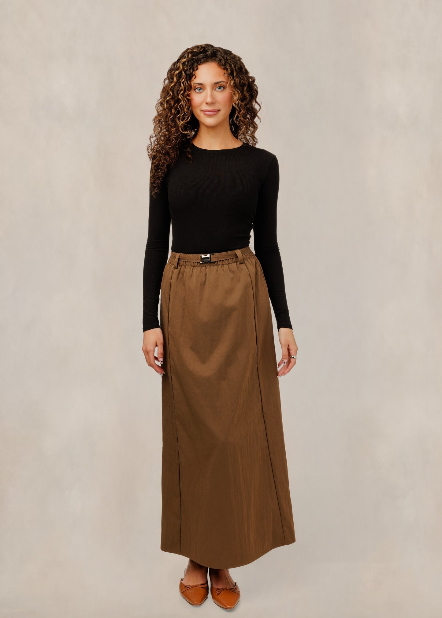 Tan Belted A-Line Skirt