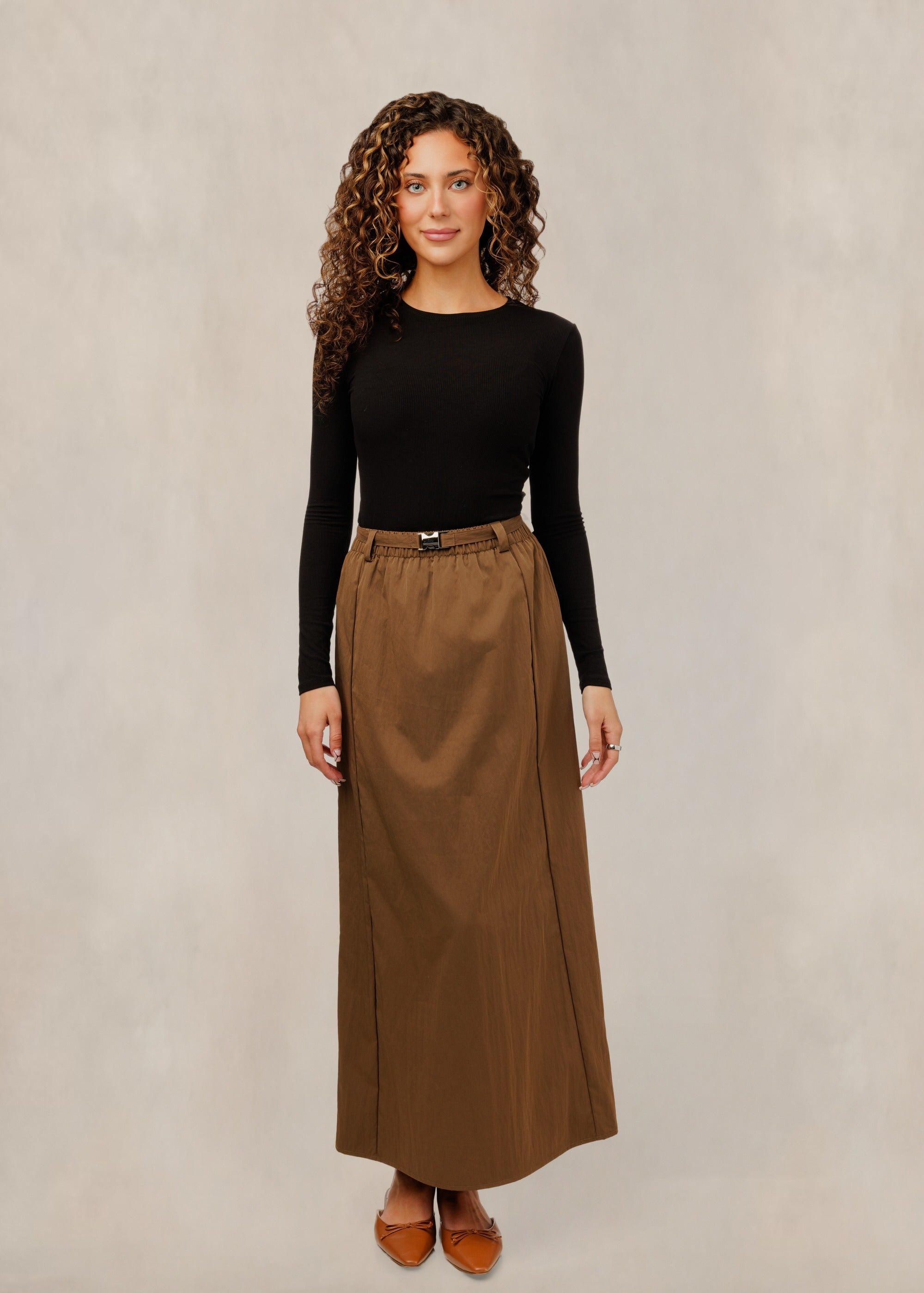 Tan Belted A-Line Skirt