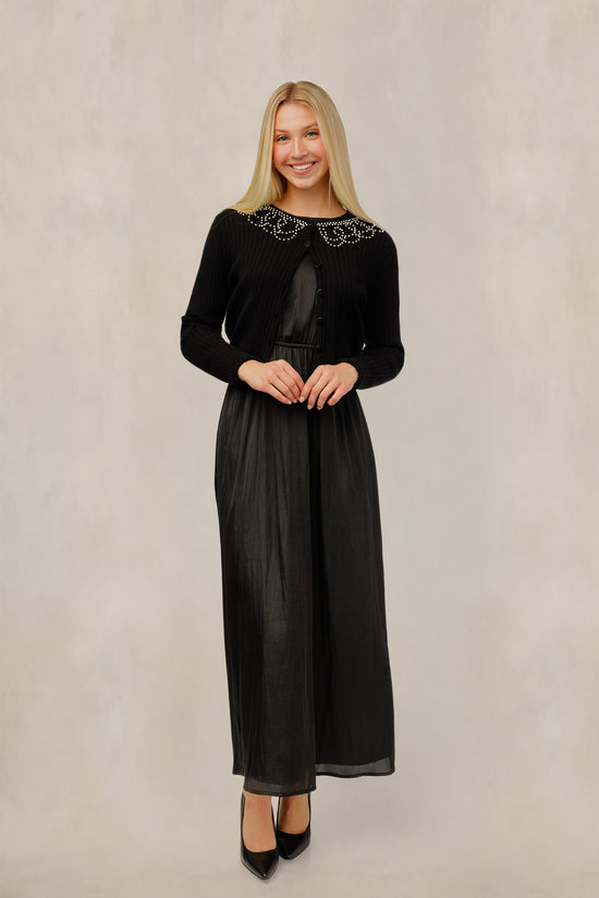 Black Satin Dress W/ Faux Pearl Collar Ribbed Cardigan