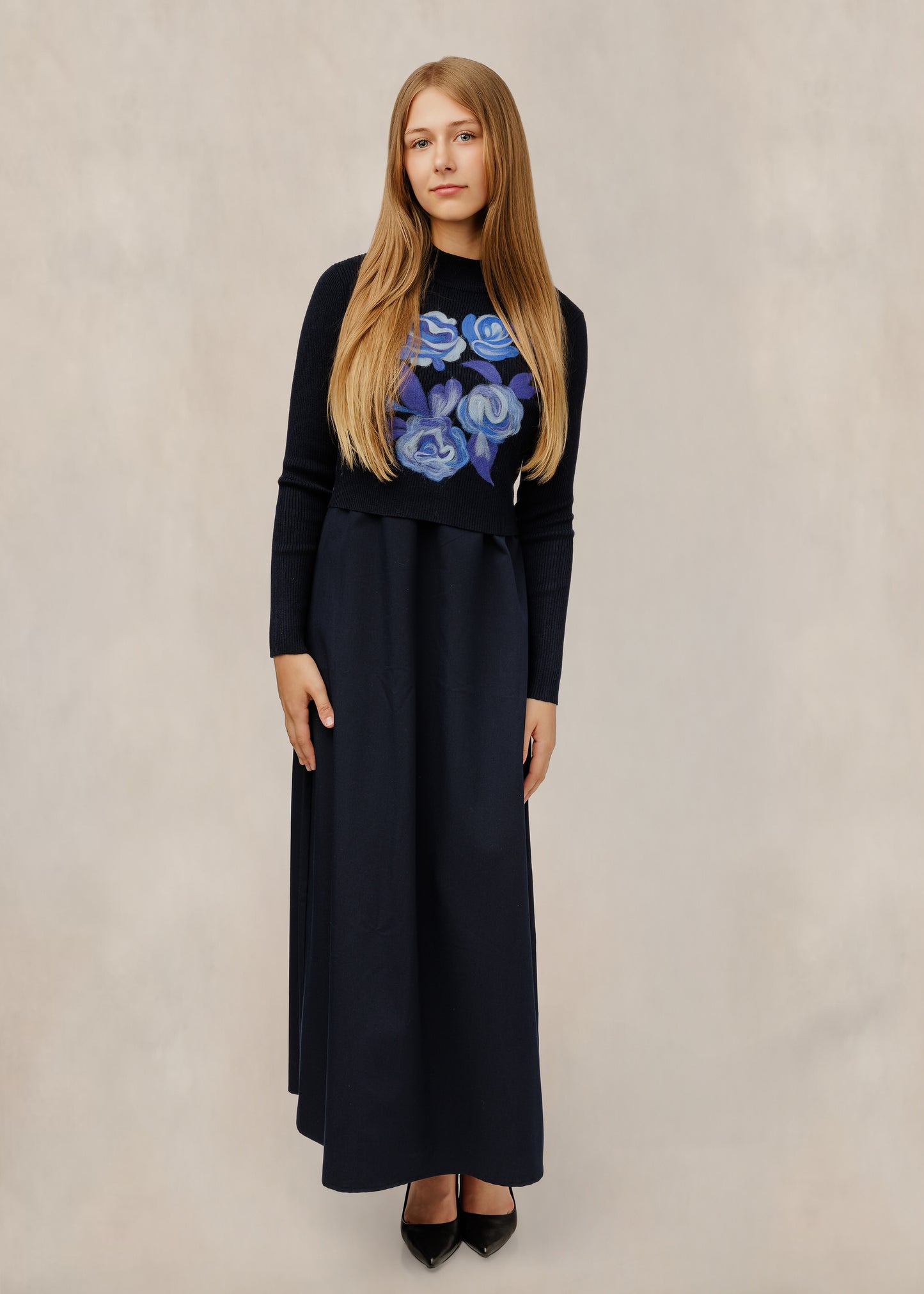Blue Flowers Felted Overlay Navy Dress
