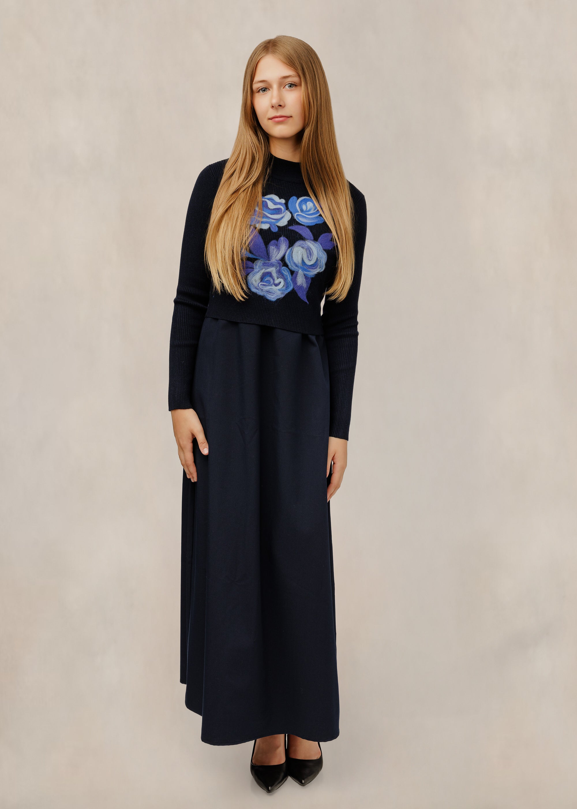 Blue Flowers Felted Overlay Navy Dress