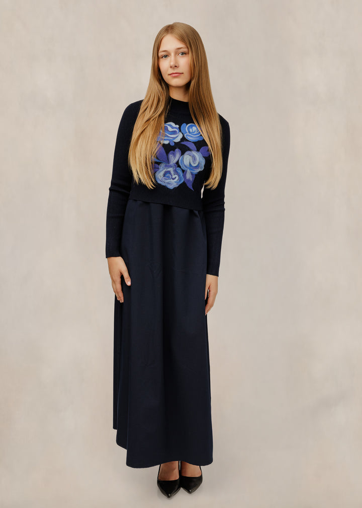 Blue Flowers Felted Overlay Navy Dress