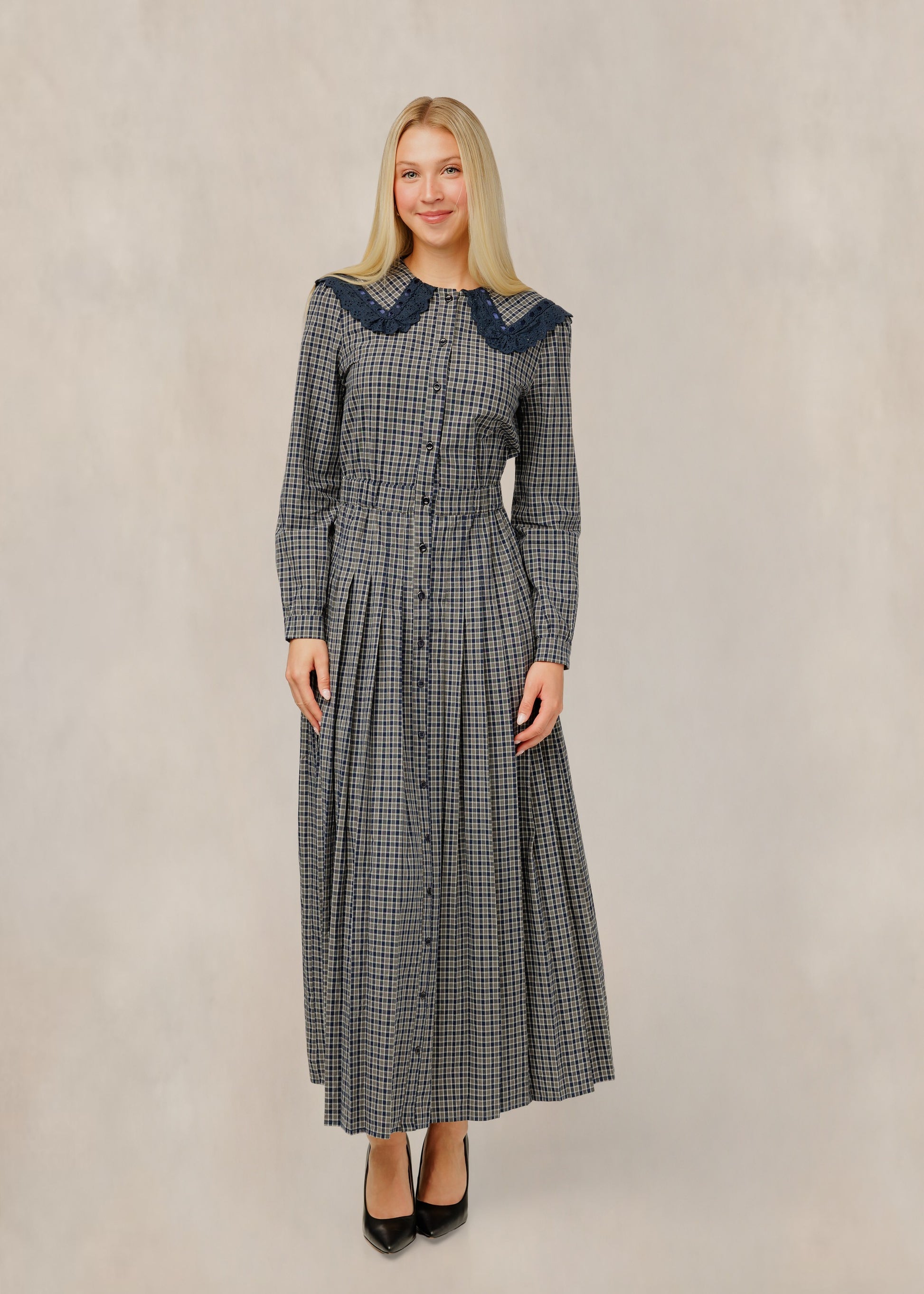 Navy And Beige Plaid Dress W/ Lace Trim Collar