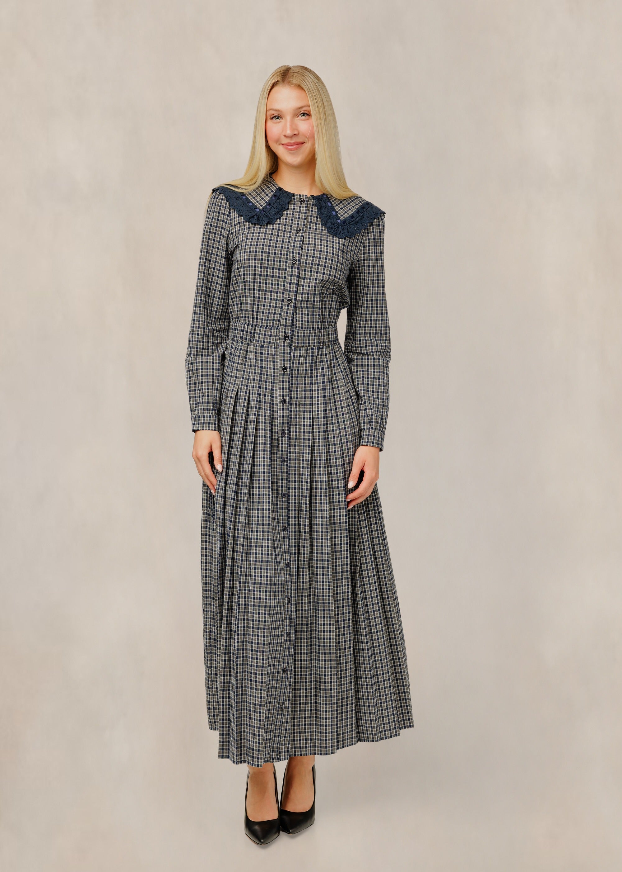 Navy And Beige Plaid Dress W/ Lace Trim Collar