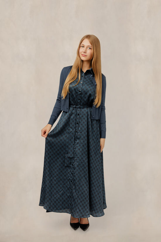 Teal Plaid Print Button-Down Dress W/ Cardigan
