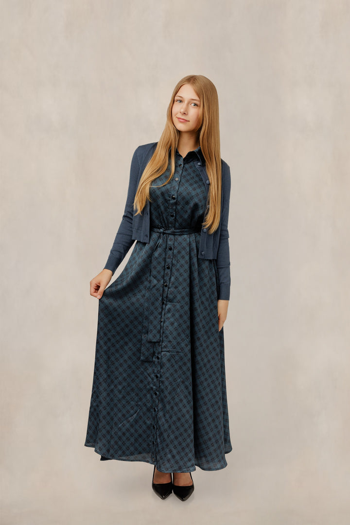 Teal Plaid Print Button-Down Dress W/ Cardigan