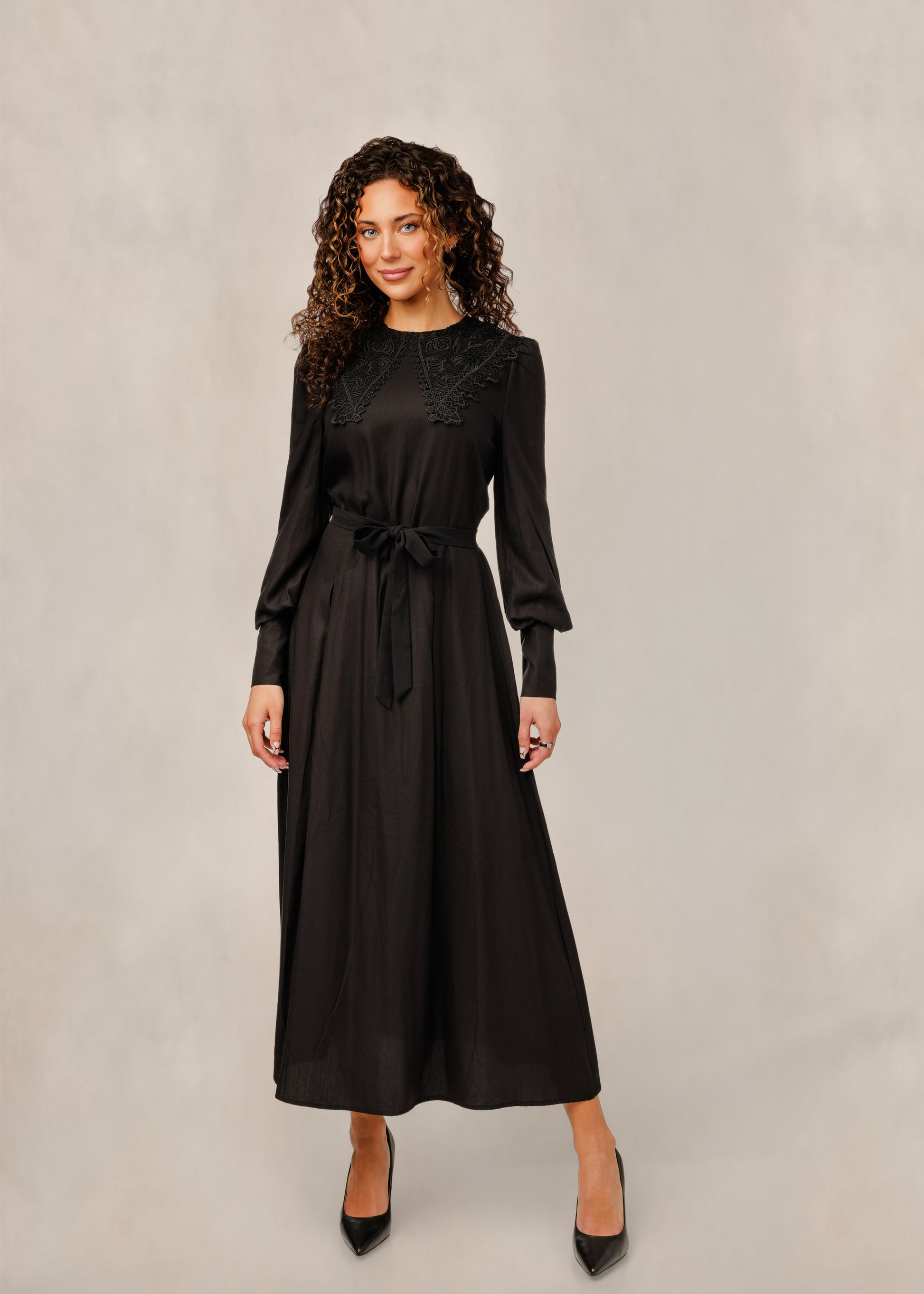Solid Black Dress W/ Lace Appliqué Yoke & Cuff Sleeve
