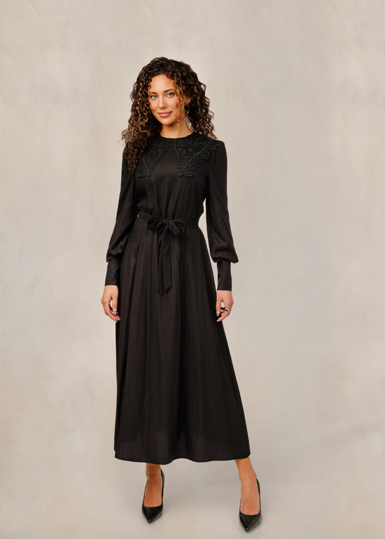 Solid Black Dress W/ Lace Appliqué Yoke & Cuff Sleeve