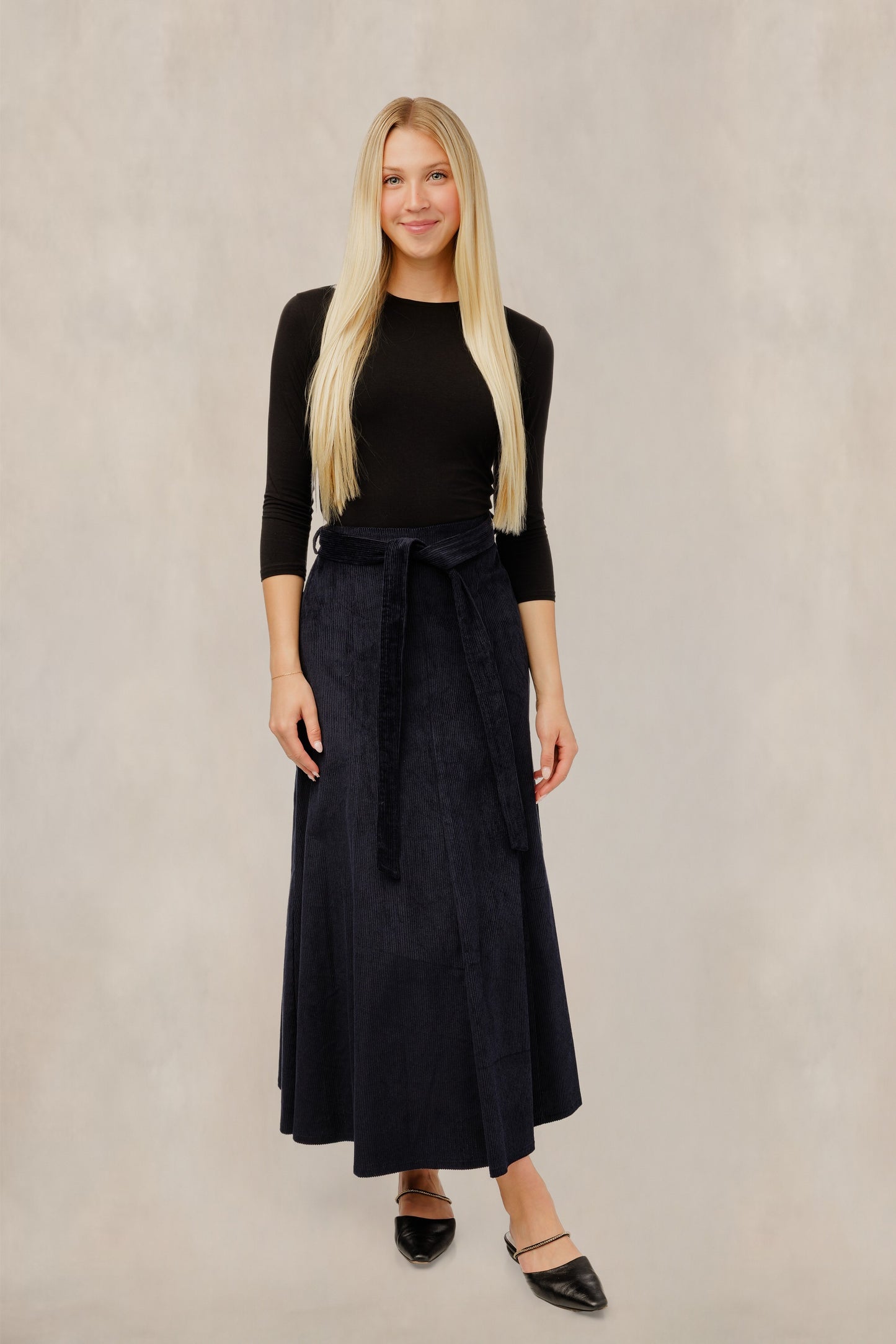 Navy Corduroy Tie Front Skirt