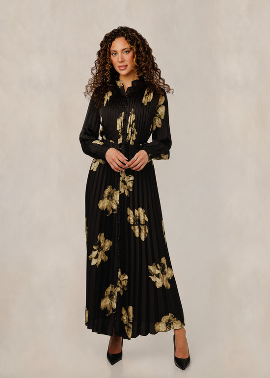 Black Floral Print Pleated Dress