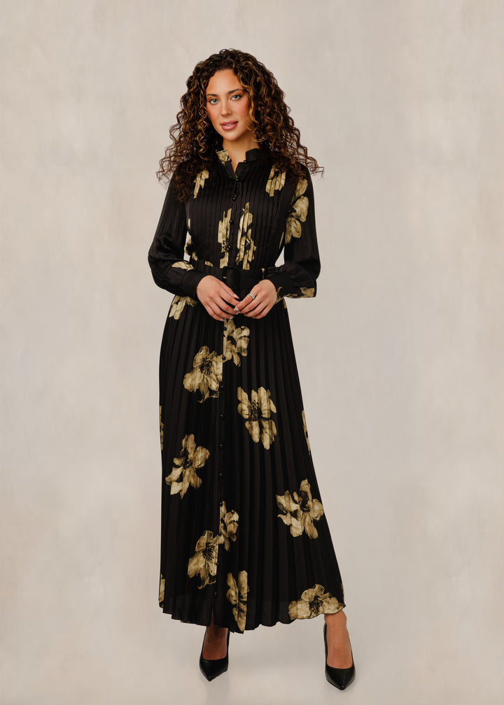 Black Floral Print Pleated Dress