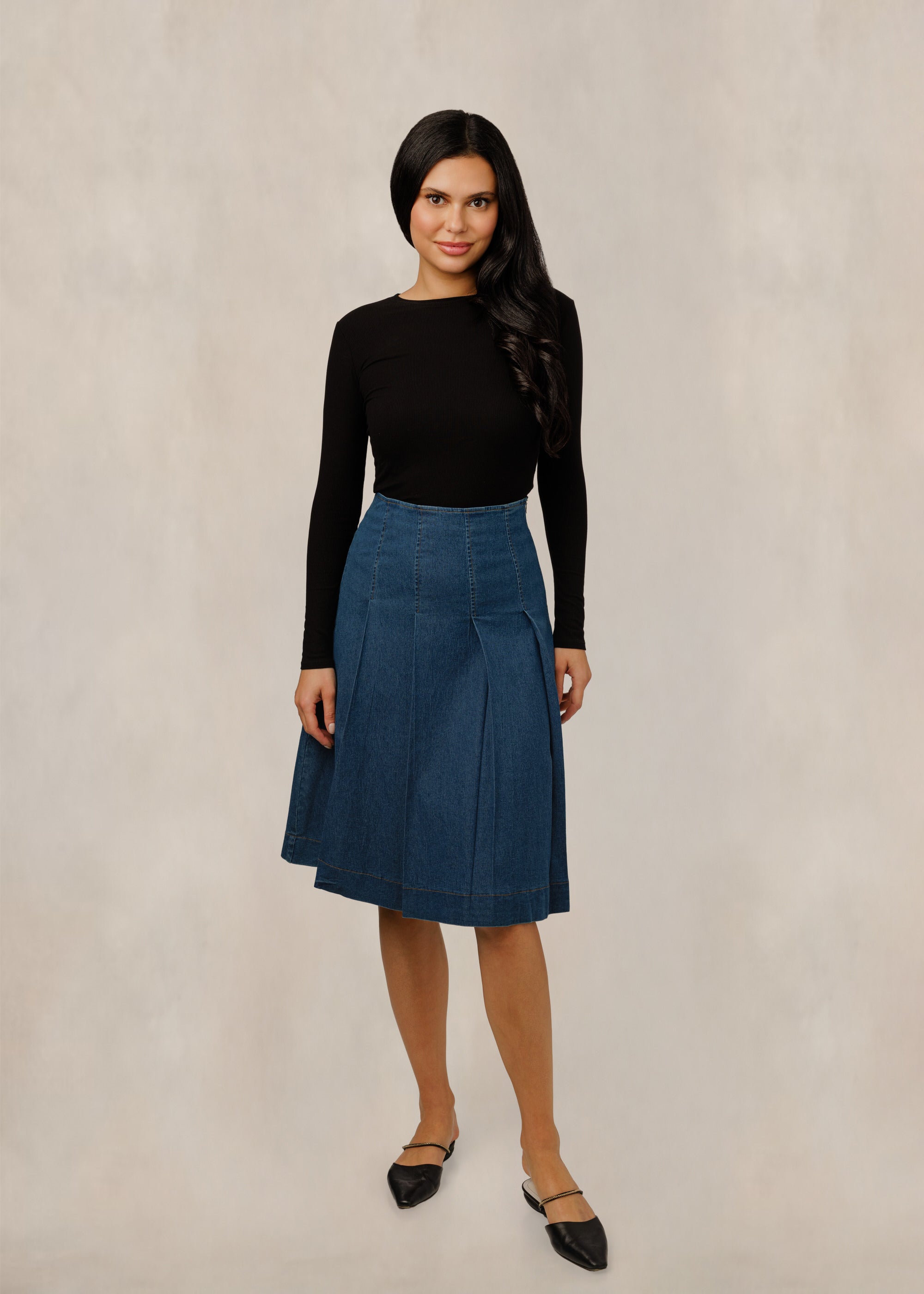 Box Pleated Denim Skirt - Blue
