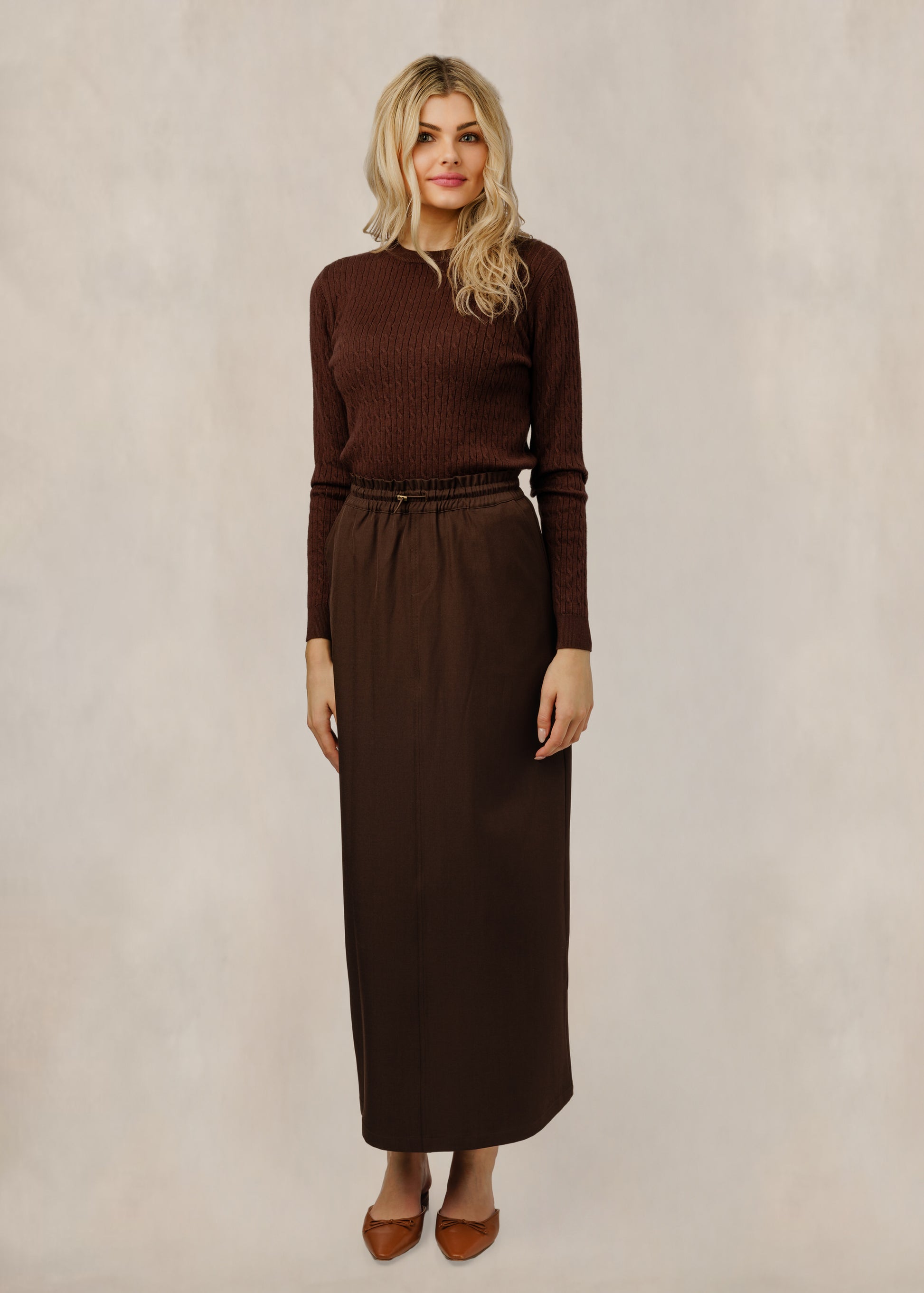 Elastic Waist Column Skirt - Brown