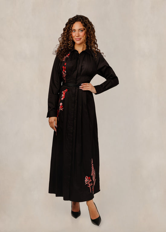 Black Pleated Dress With Pink Floral Embroidery