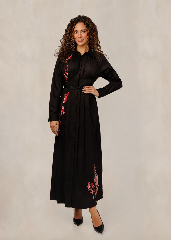 Black Pleated Dress With Pink Floral Embroidery