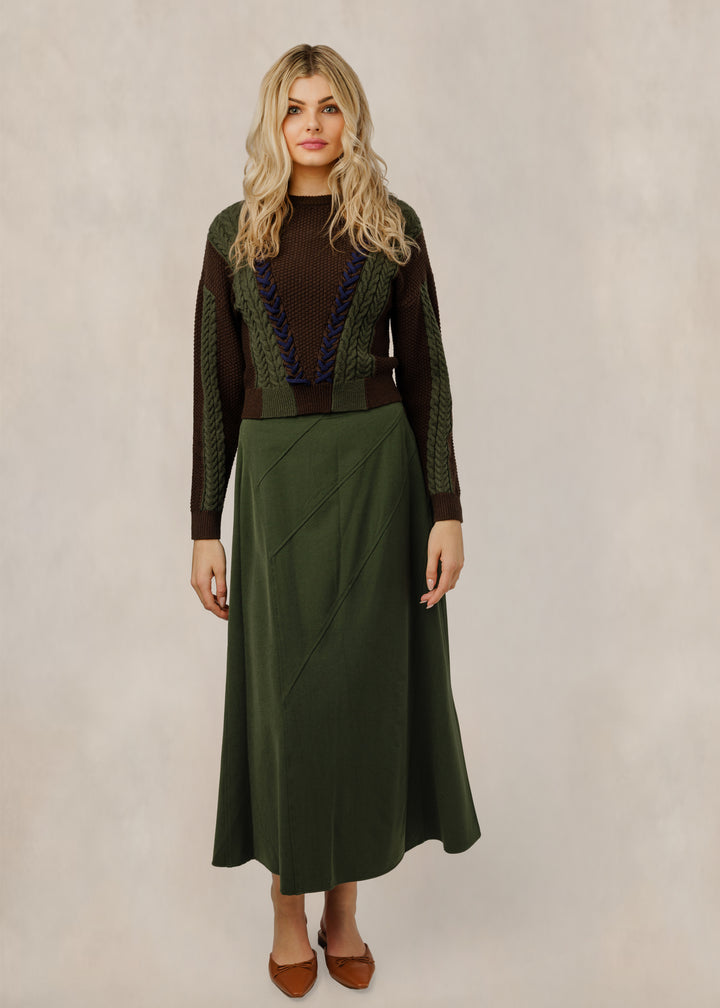 Brown & Olive Cable Knit Lace-Up Sweater
