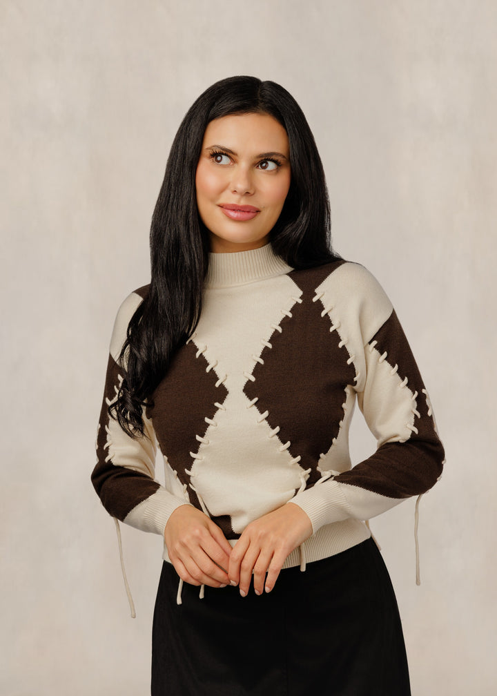 Argyle Patch Knit Sweater - Beige/Brown