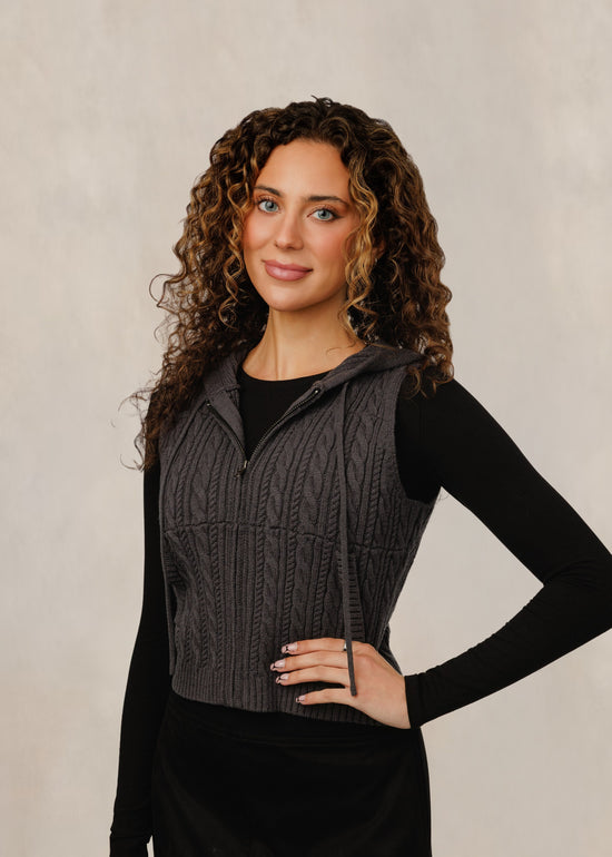 Charcoal Cable Knit Zip-Up Hooded Vest