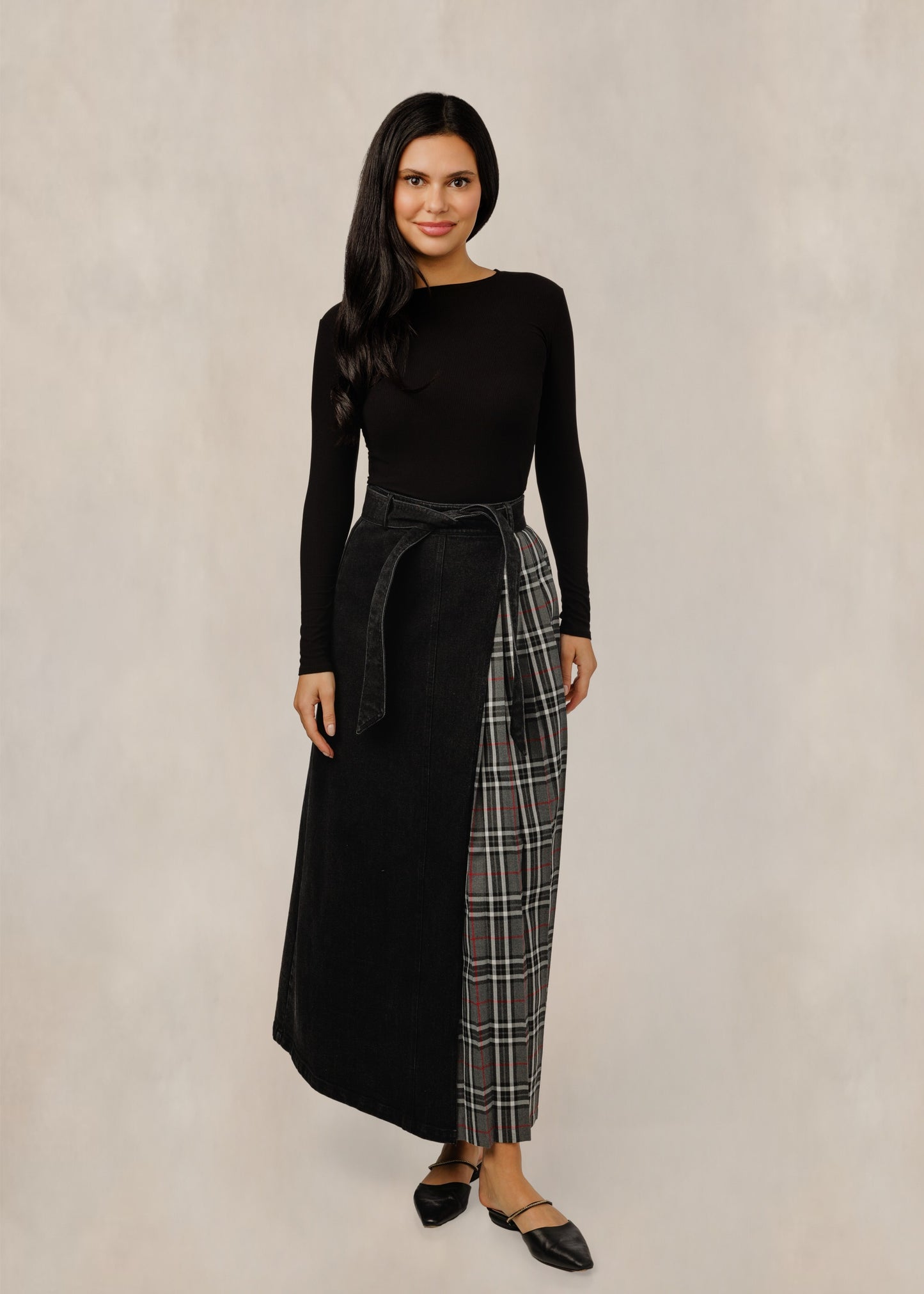 Black Tie-Waist Skirt W/ Grey Plaid Panel