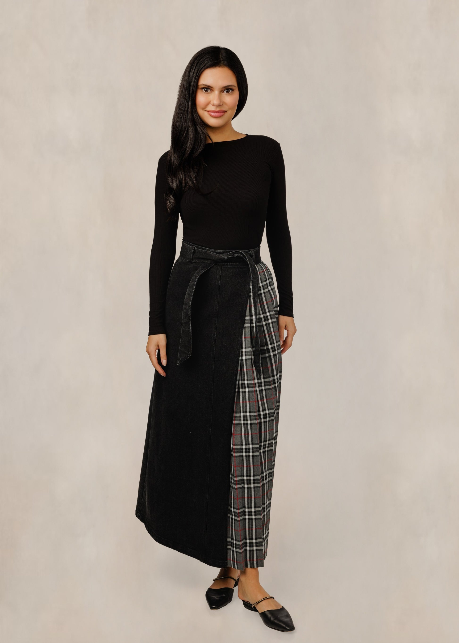 Black Tie-Waist Skirt W/ Grey Plaid Panel