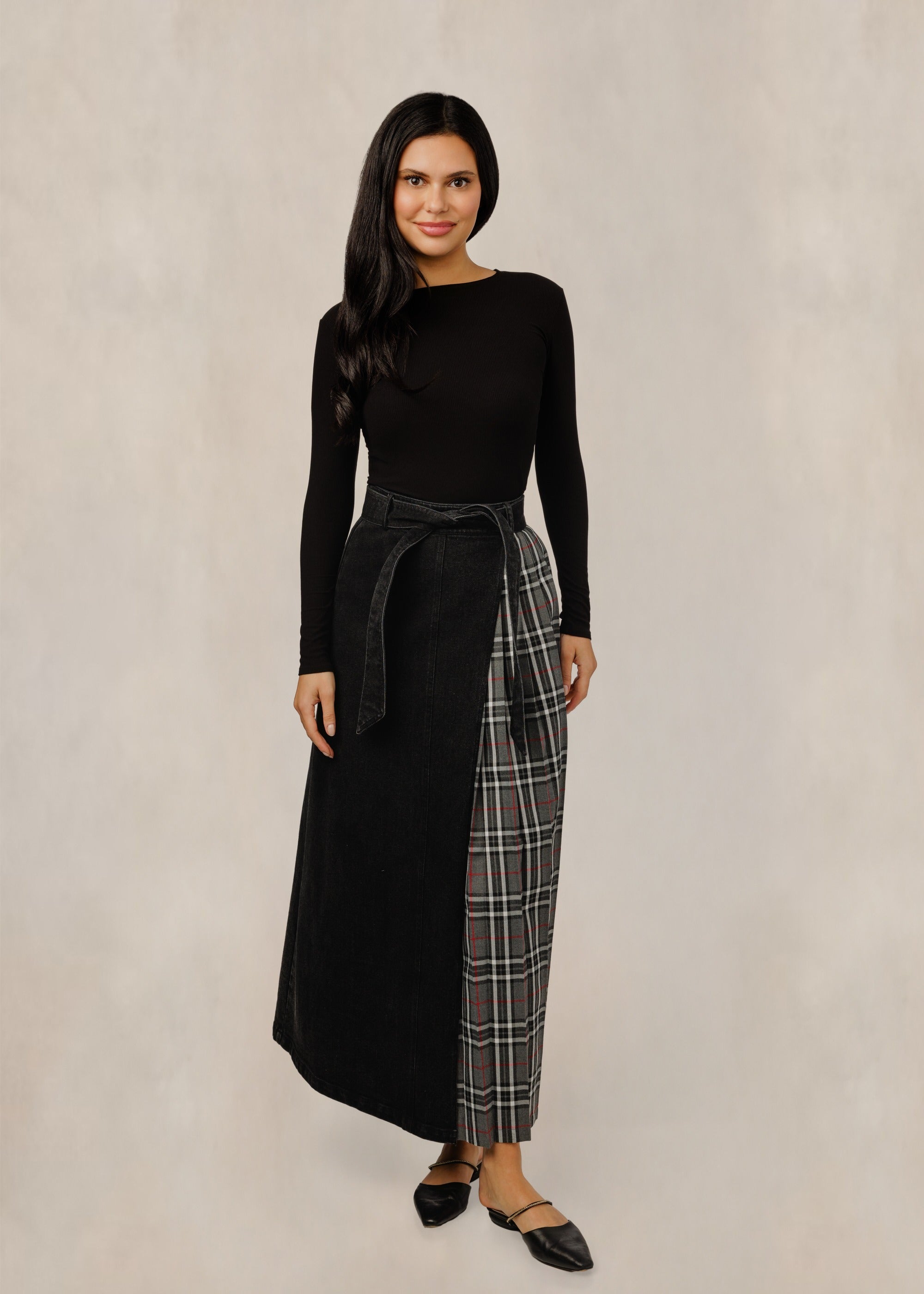 Black Tie-Waist Skirt W/ Grey Plaid Panel