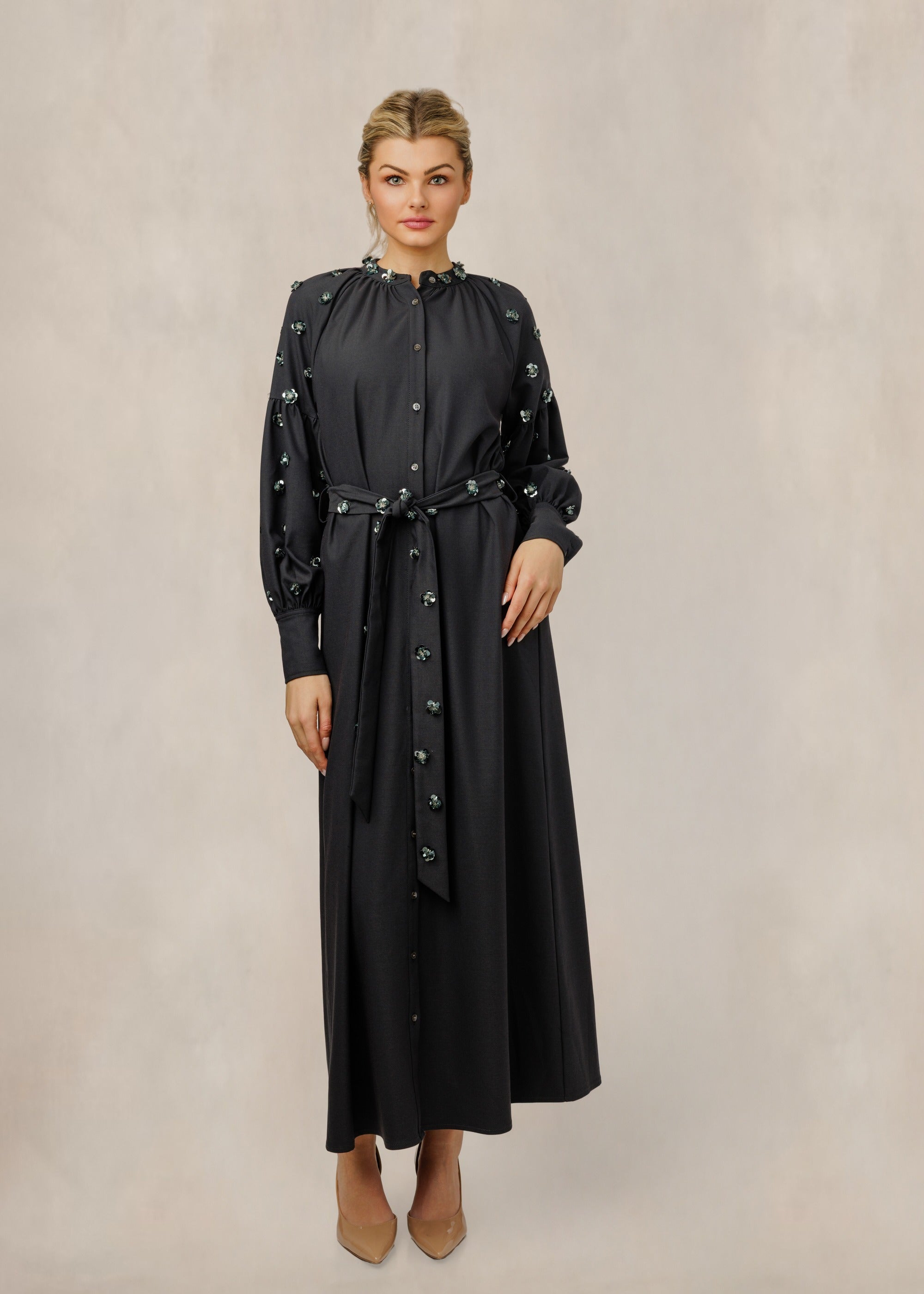 Black Dress With Floral Stone Accents - TW61060D-A