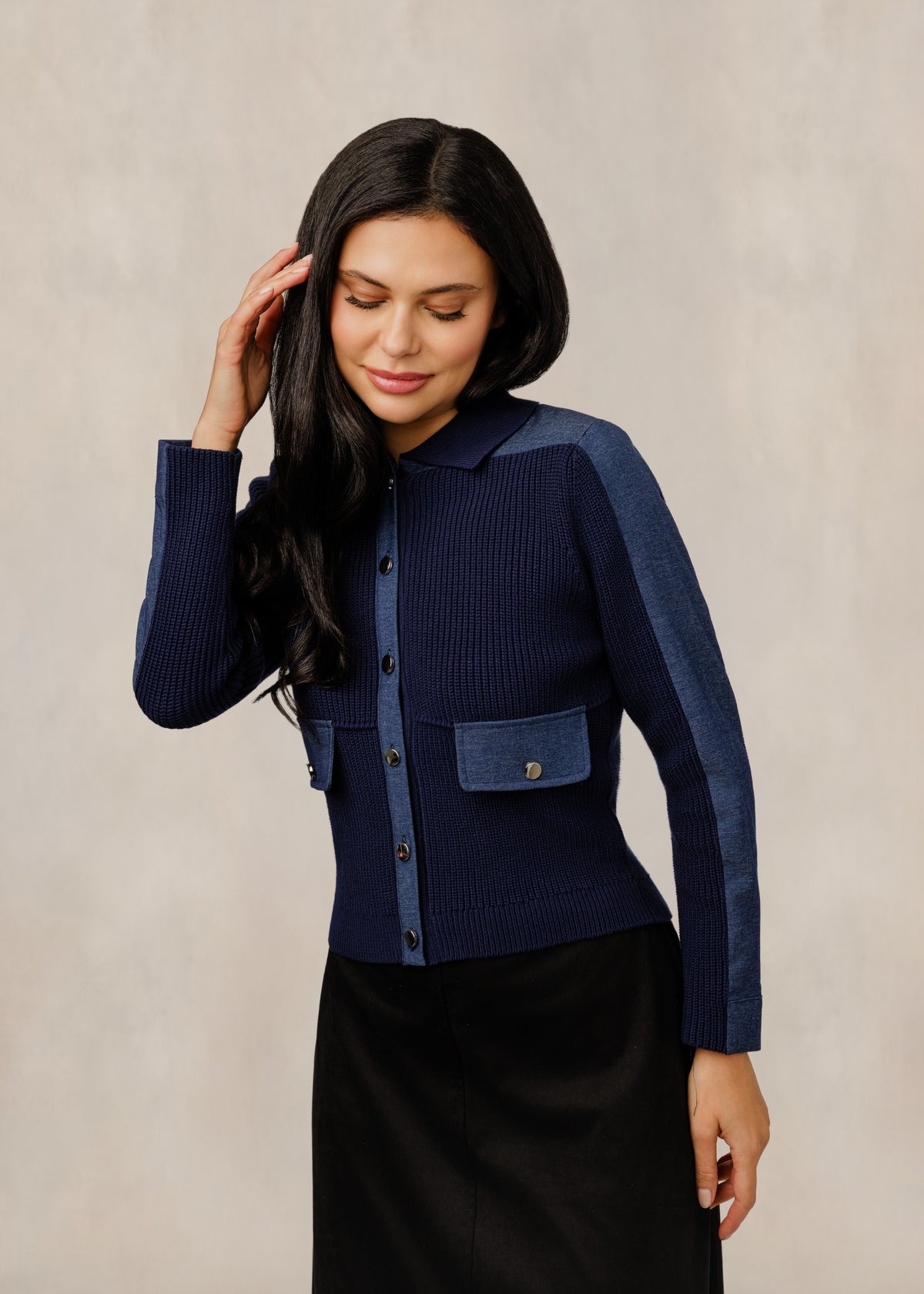 Navy Button Down Jacket With Pocket Accents