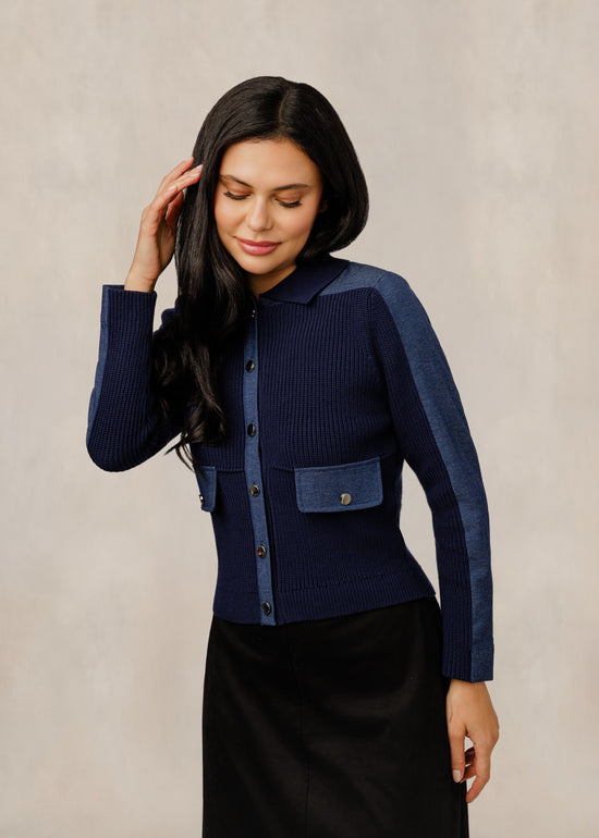 Navy Button Down Jacket With Pocket Accents