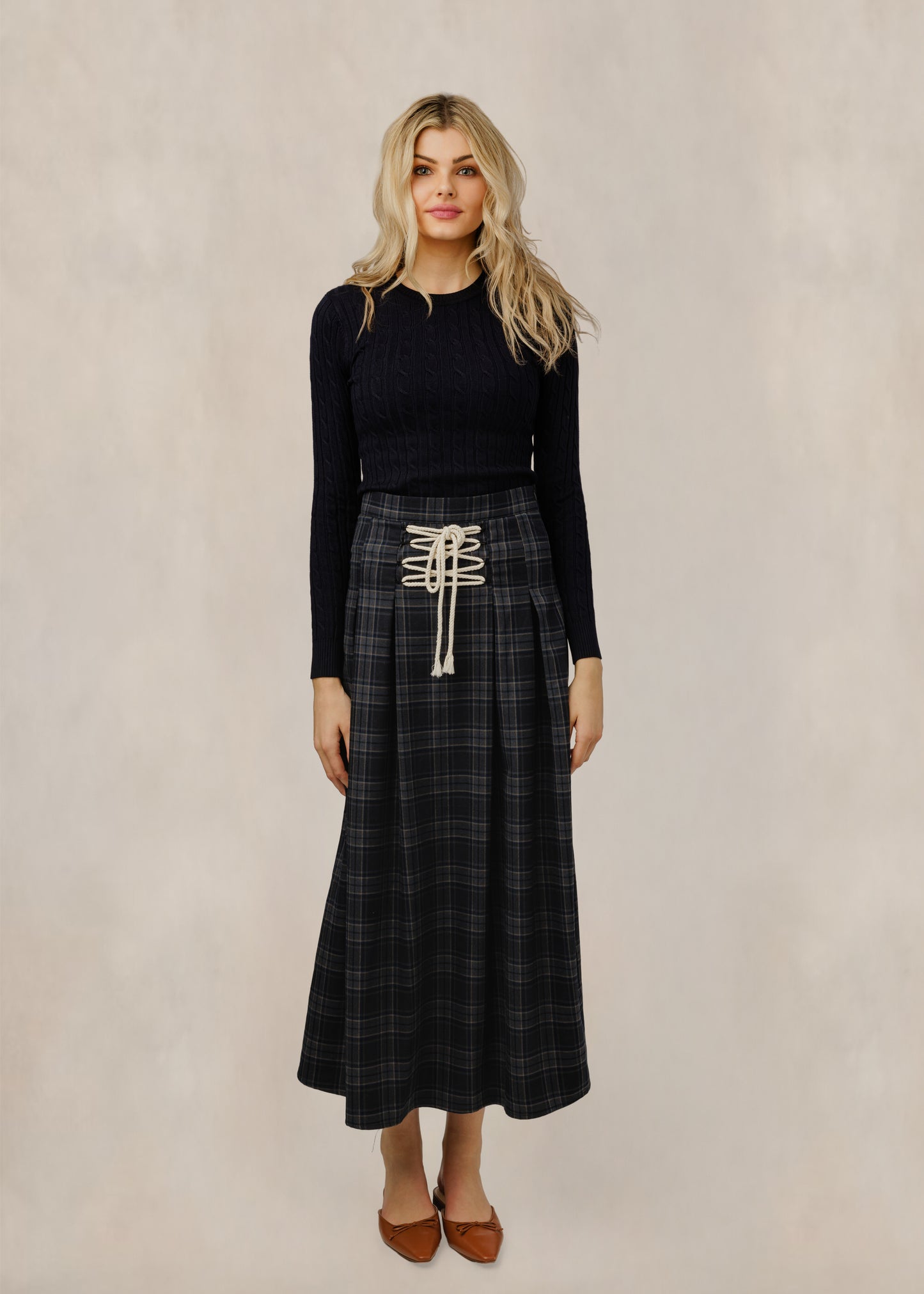 Navy Plaid Lace-Up Skirt