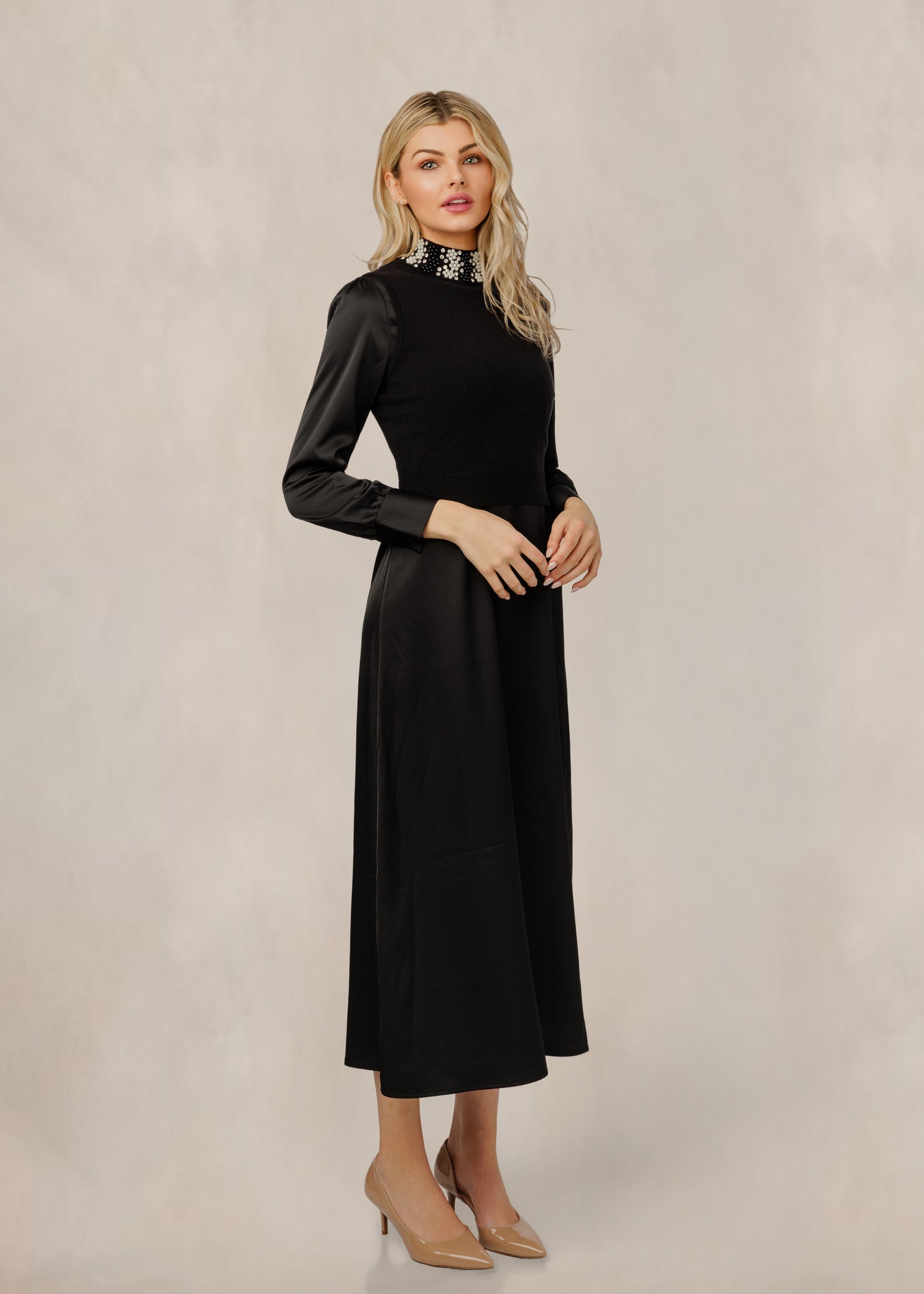 Black Silk Dress With Bedazzled Neck Detail