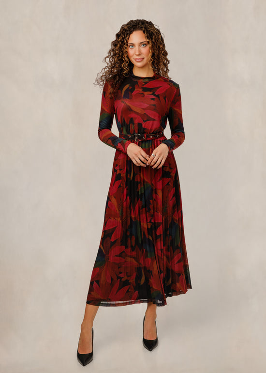 Red Floral Print Belted Dress