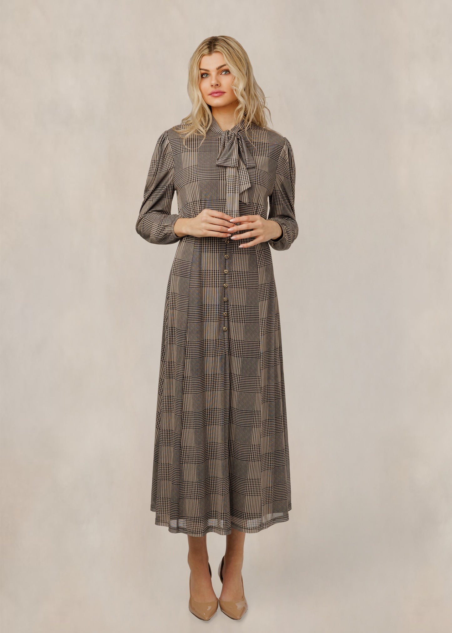 Brown Plaid Dress With Neck Tie