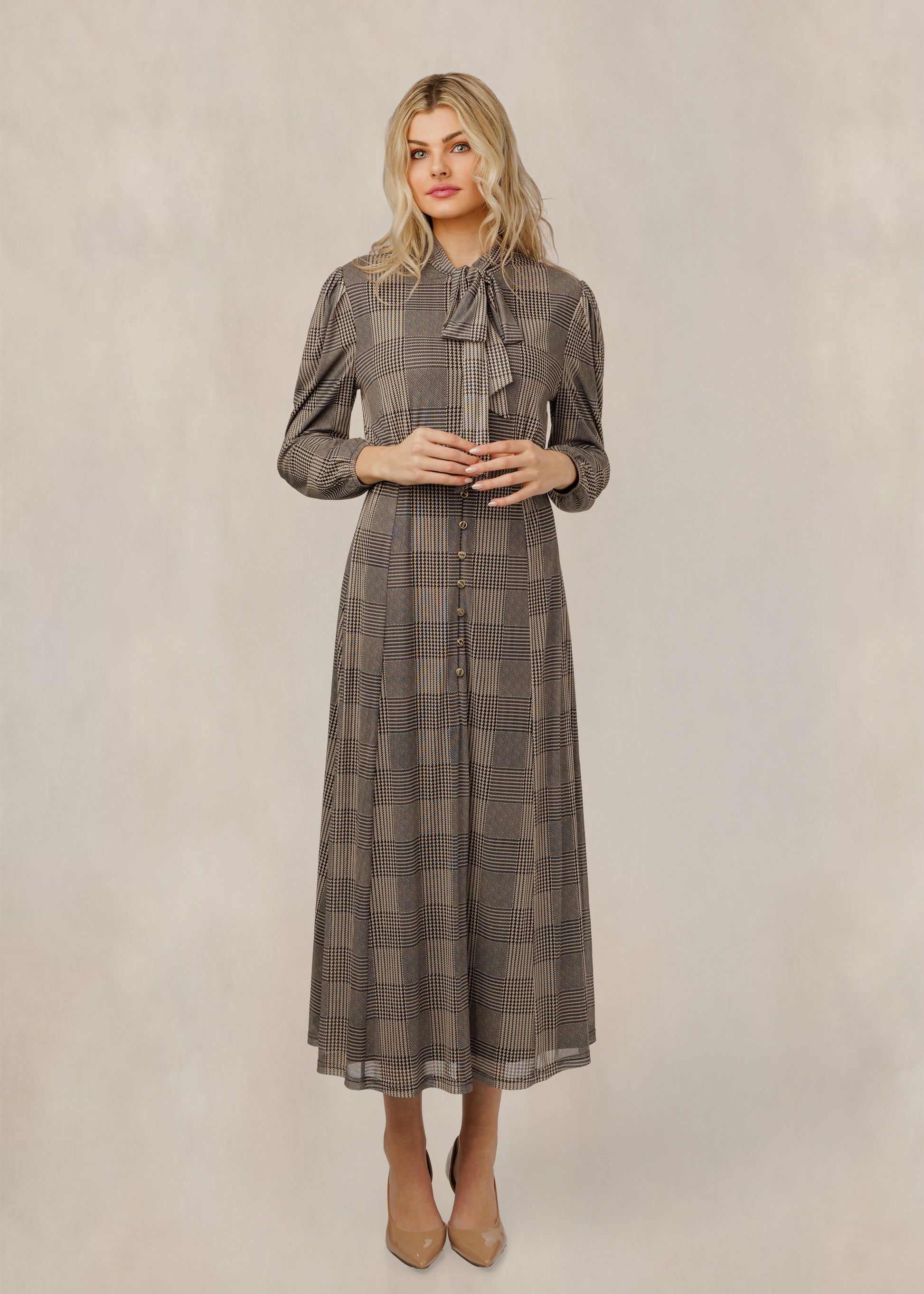 Brown Plaid Dress With Neck Tie
