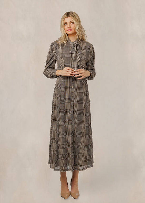 Brown Plaid Dress With Neck Tie