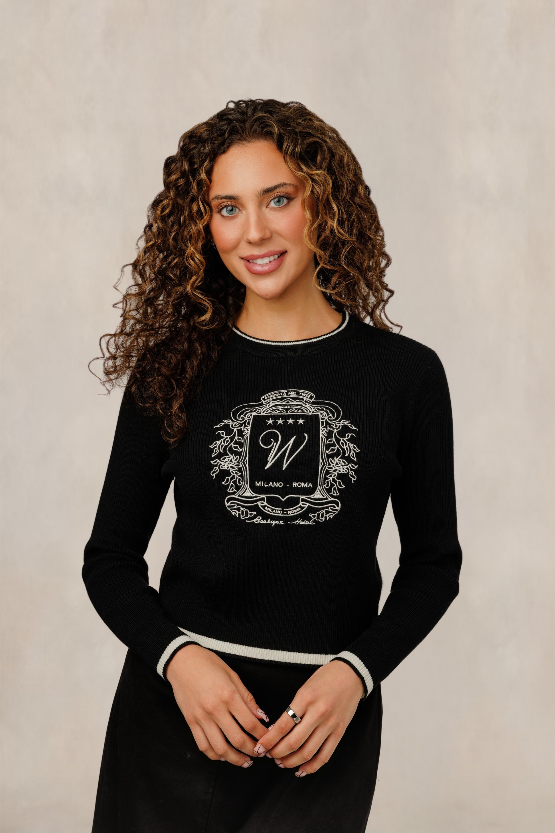 Black Contrast Trim & Crest Embroidered Knit Top