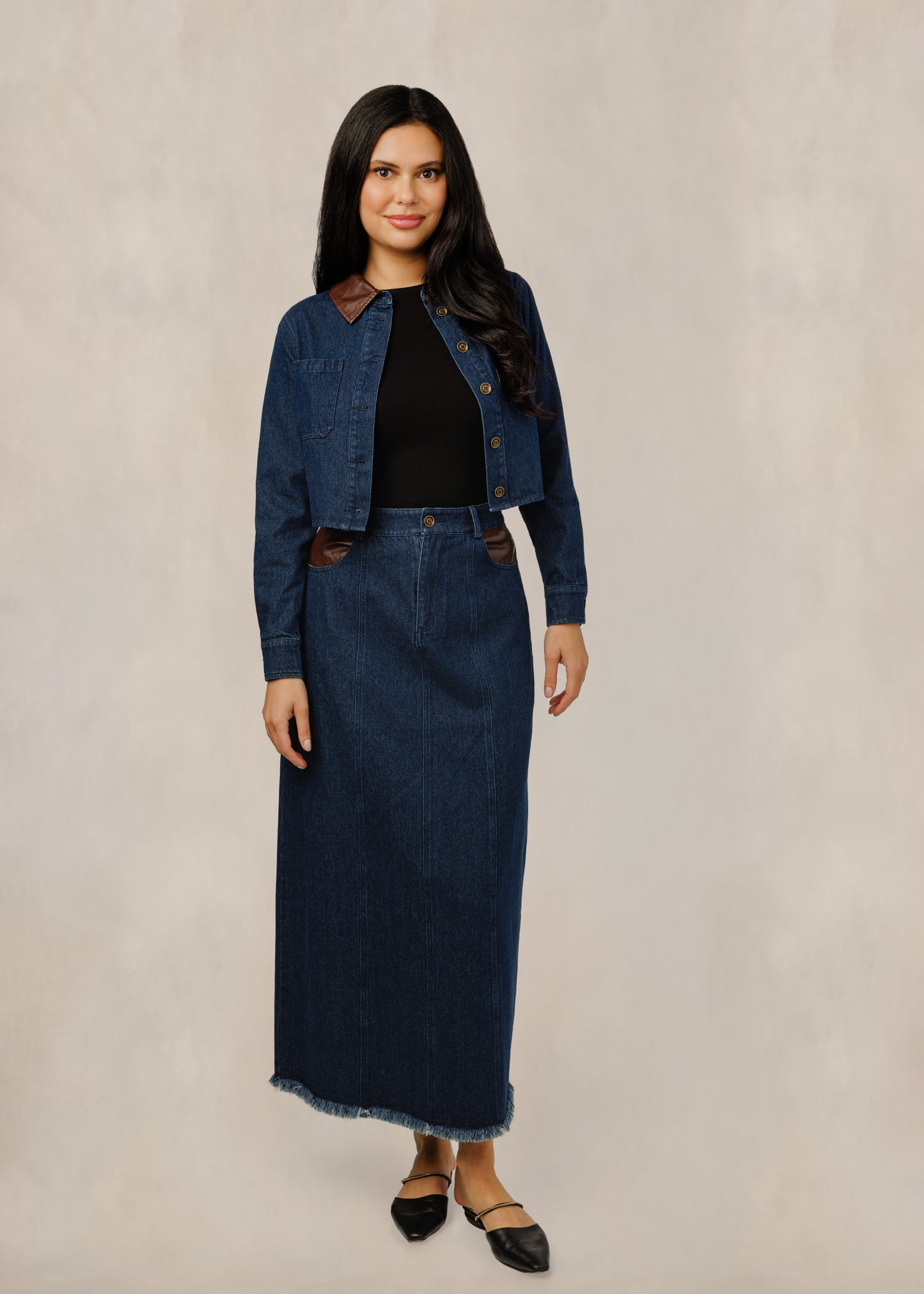 Denim Skirt With Brown Pockets