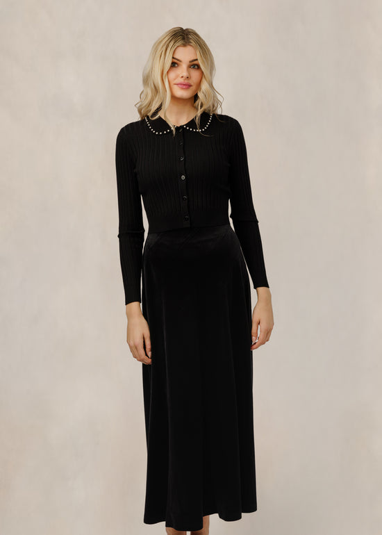 Black Ribbed Cardigan W/ Embellished Collar