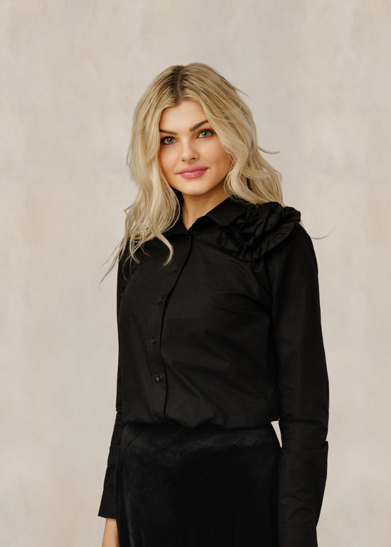 Black Button Down Top With Shoulder Flower Detail