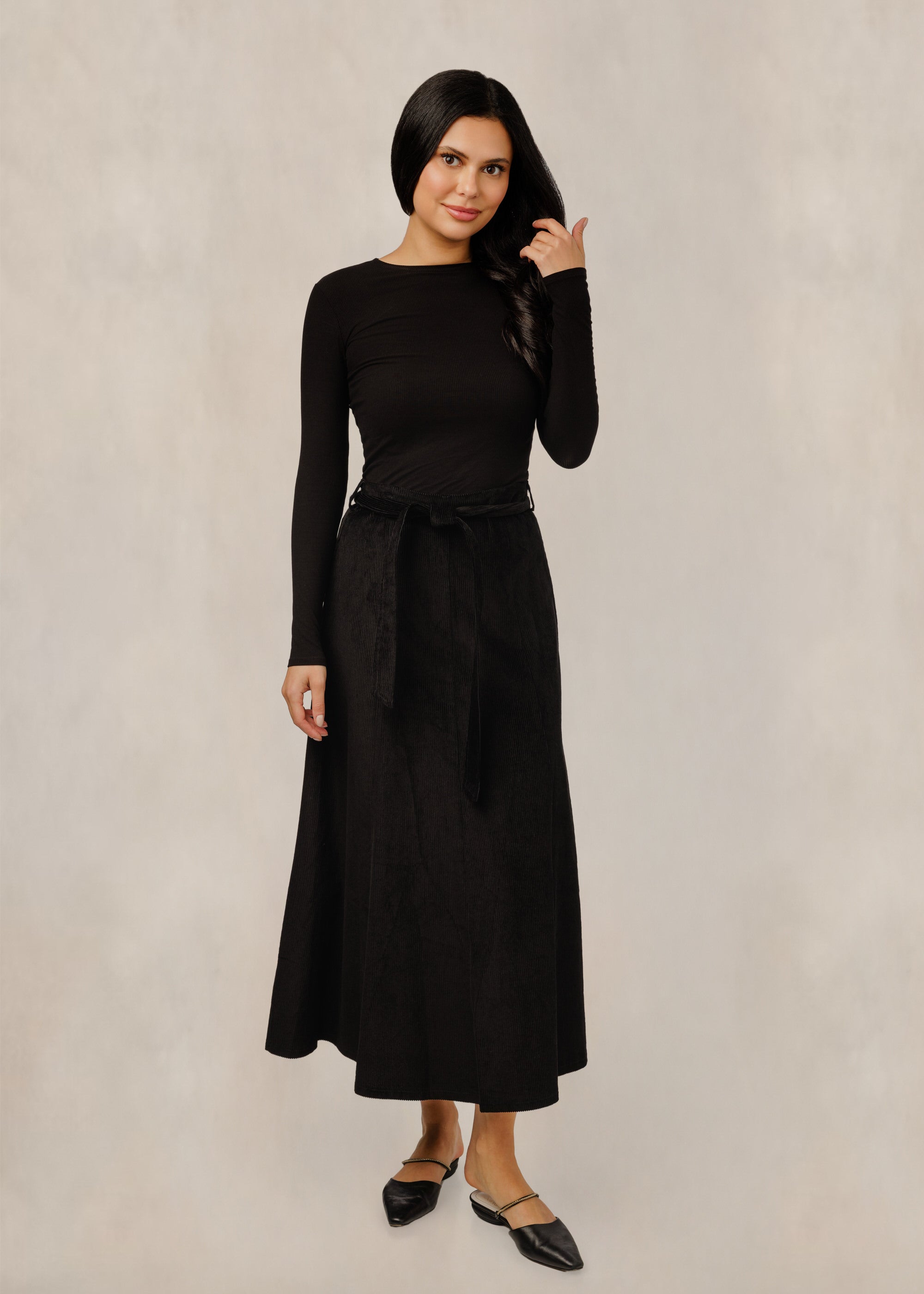 Black Corduroy Tie Front Skirt