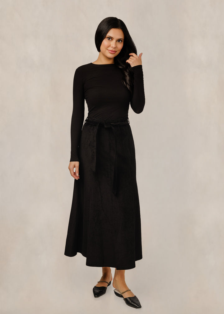 Black Corduroy Tie Front Skirt