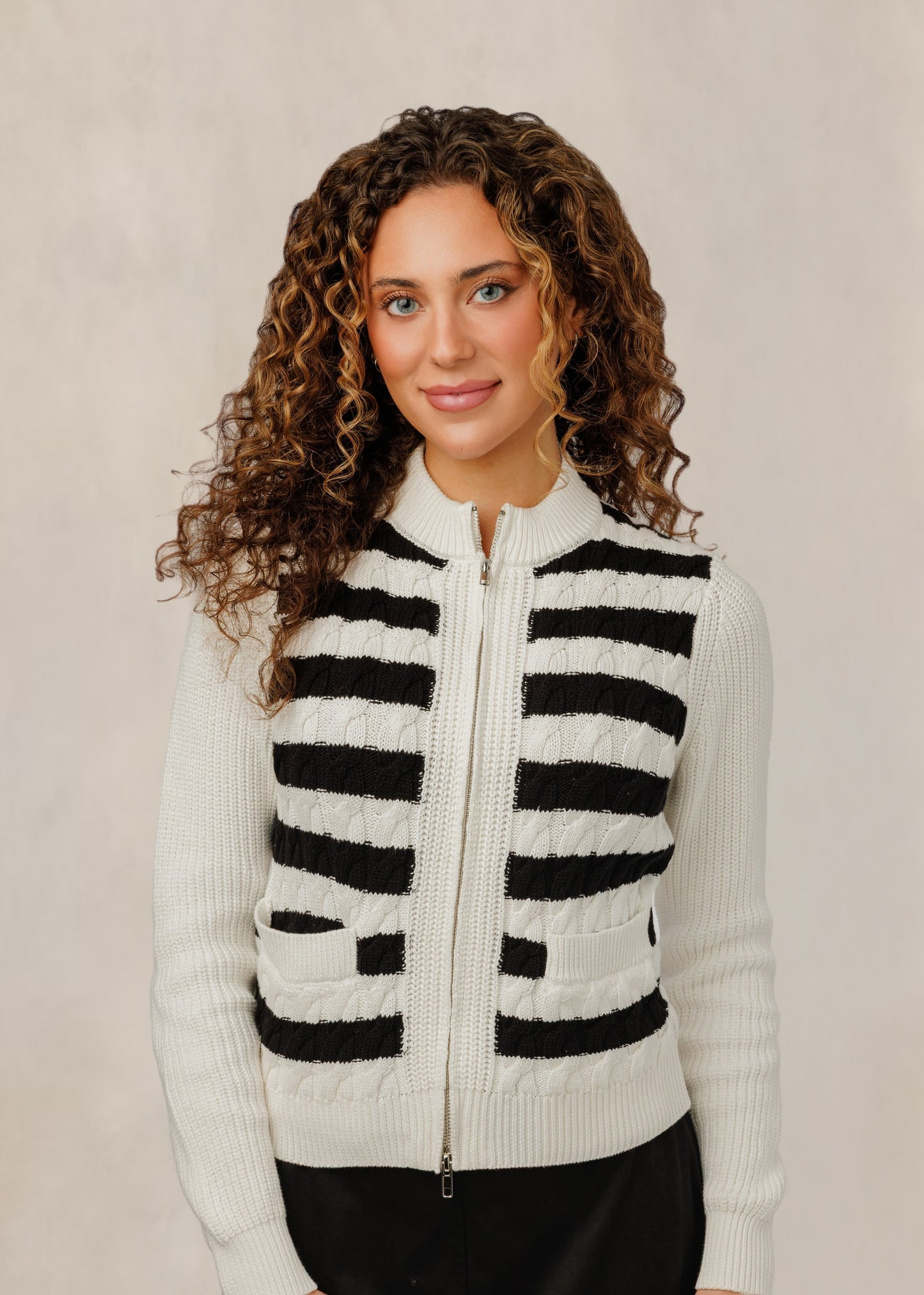 Black & White Striped Zip Up Sweater