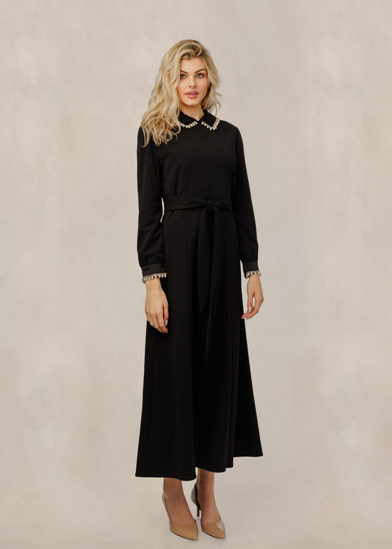 Black Dress With Bedazzled Collar And Sleeves