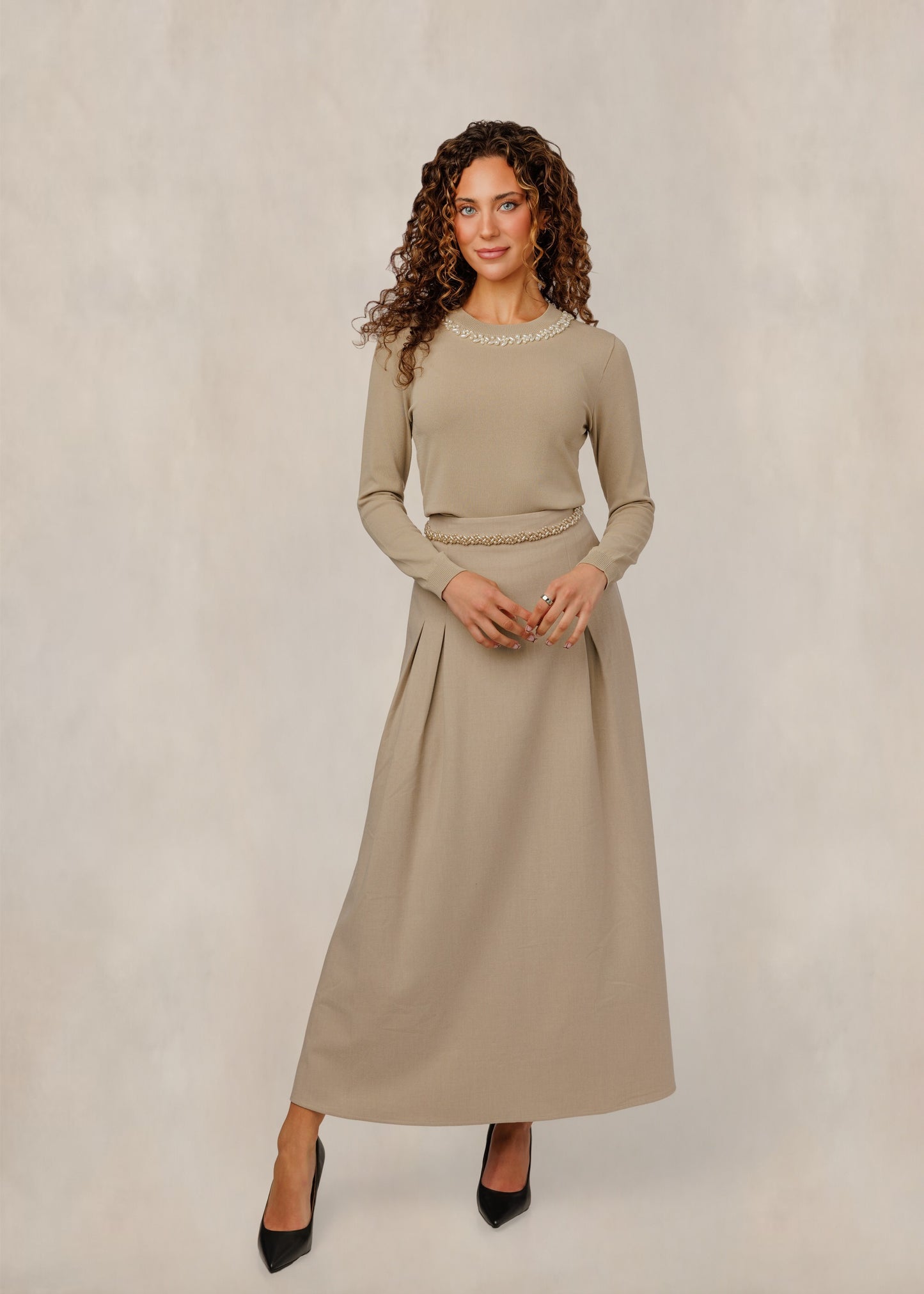 Tan Skirt With Gem Waist Trim