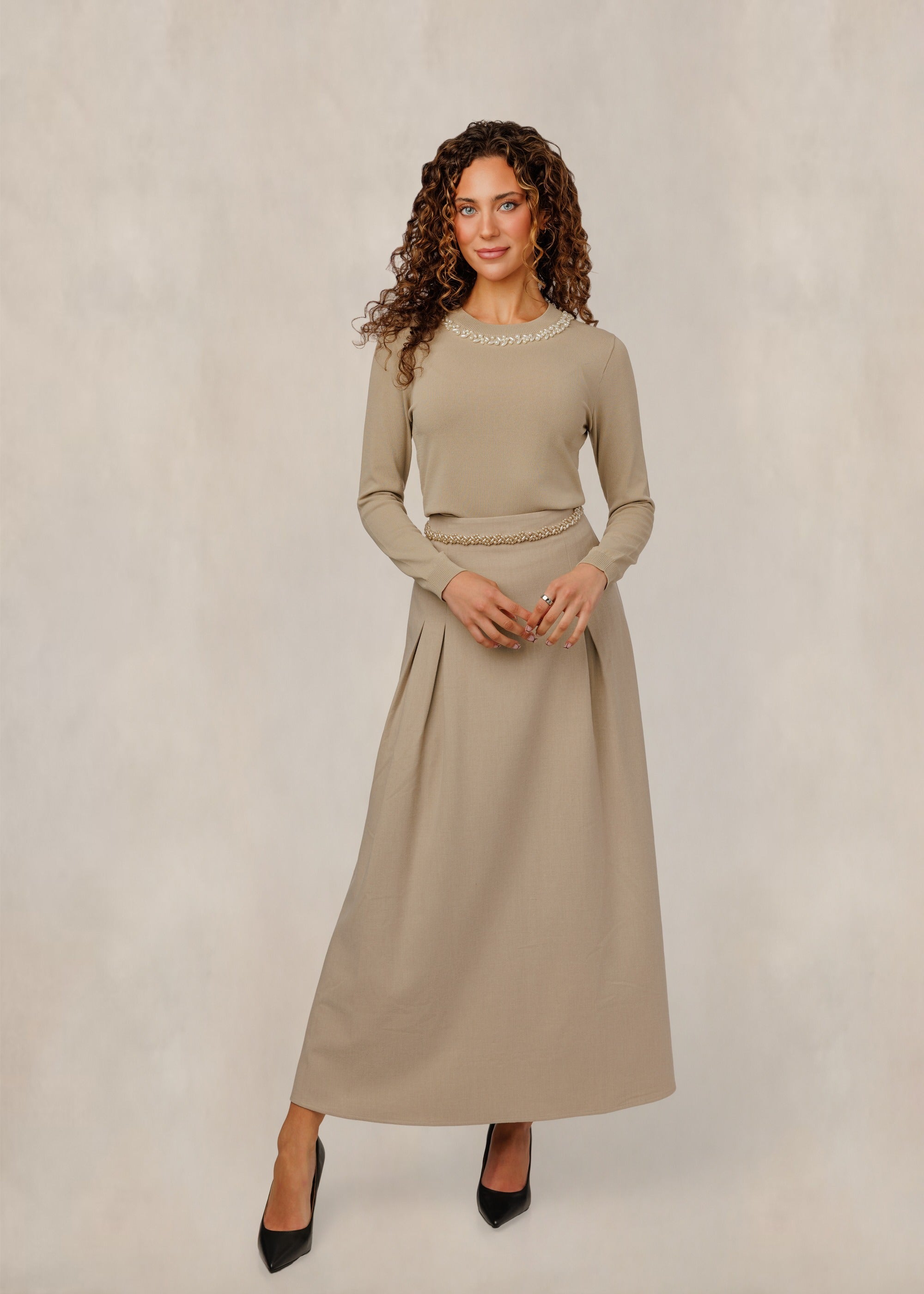 Tan Skirt With Gem Waist Trim